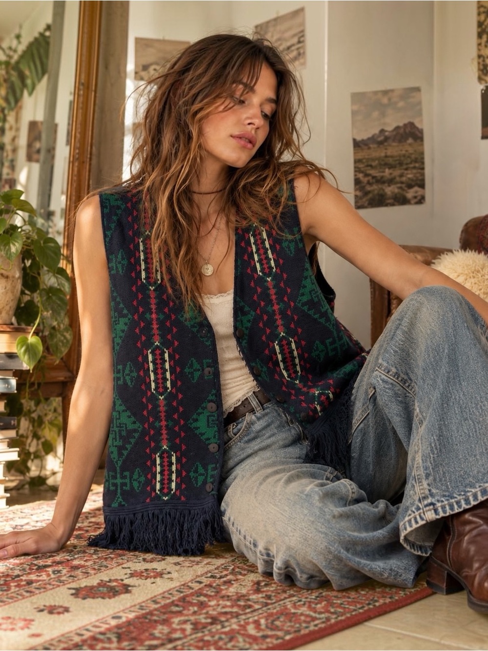 Vintage Fringe Sweater Vest Southwestern Geometric Print Button Up Boho Medium